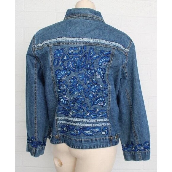 Chico's Design 2 L 12 Boho Chic Heavily Embroidered Back Vintage Denim Jacket. - Picture 1 of 5